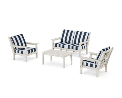 POLYWOOD® Chippendale 4-Piece Deep Seating Set with Loveseat in Sand / Cabana Stripe Marine Indigo