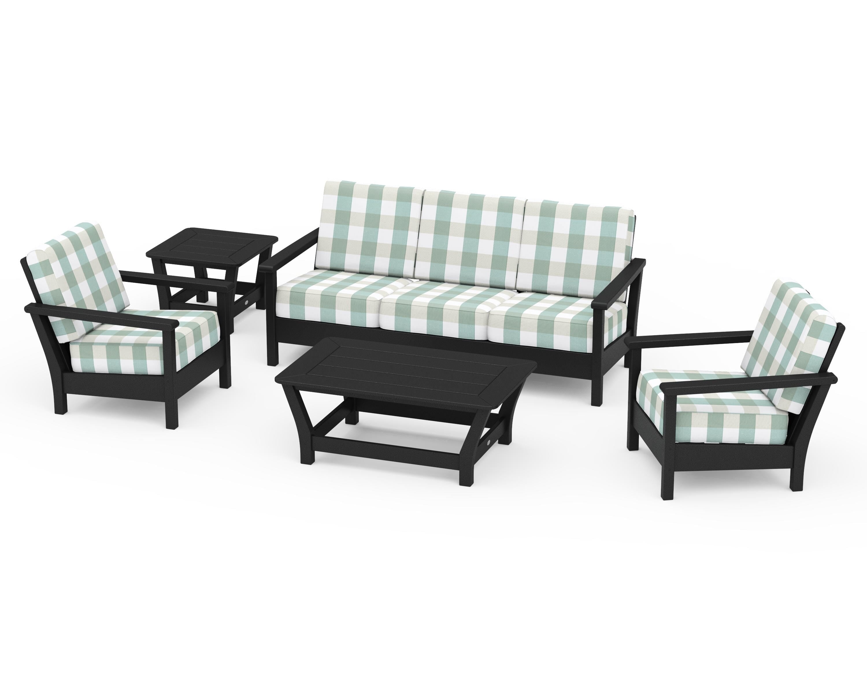 POLYWOOD® Harbour 5-Piece Deep Seating Set in Black / Buffalo Plaid Glacier Spa
