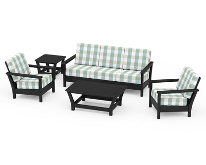 POLYWOOD® Harbour 5-Piece Deep Seating Set in Black / Buffalo Plaid Glacier Spa