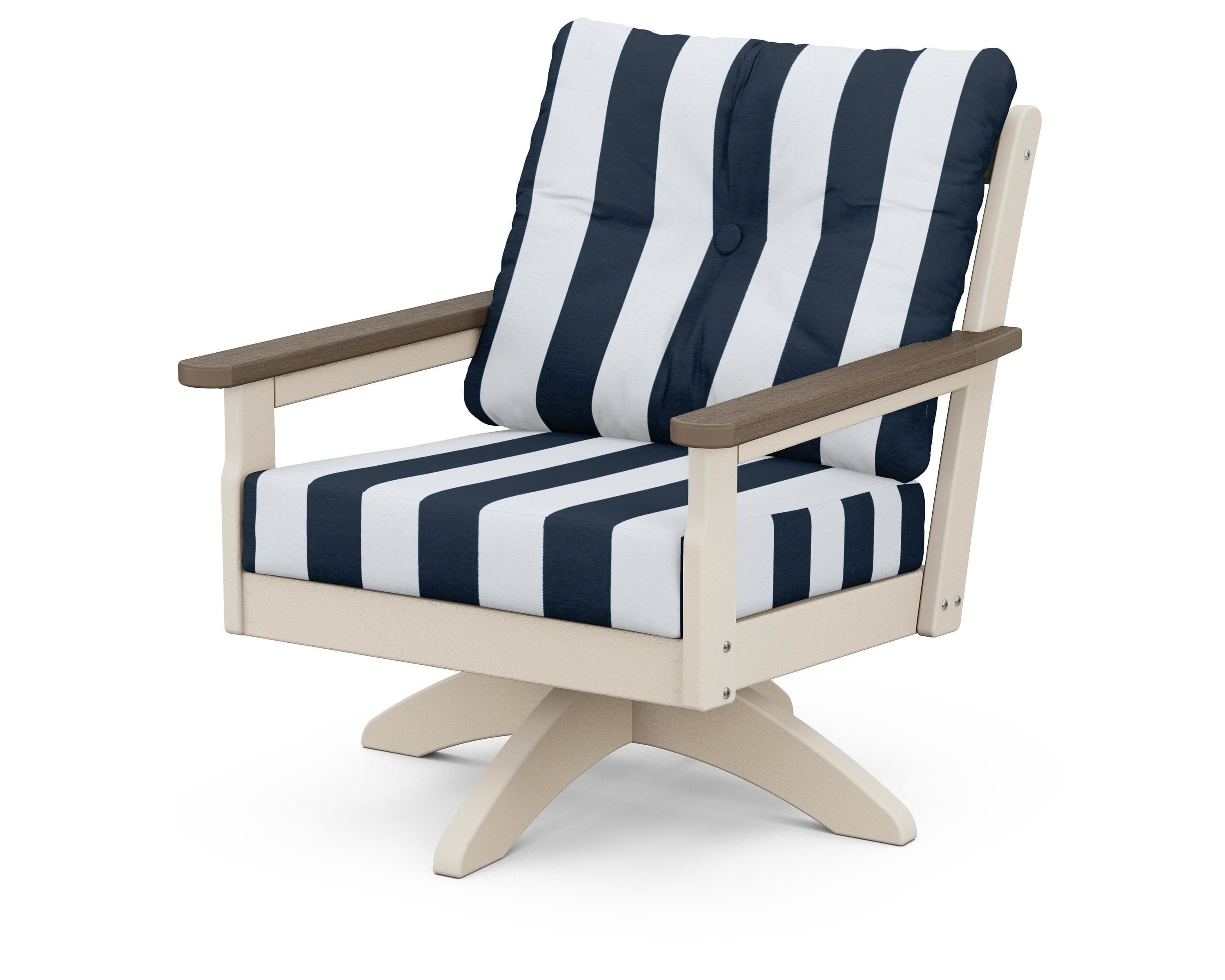 POLYWOOD® Vineyard Deep Seating Swivel Chair in Sand / Kona / Cabana Stripe Marine Indigo