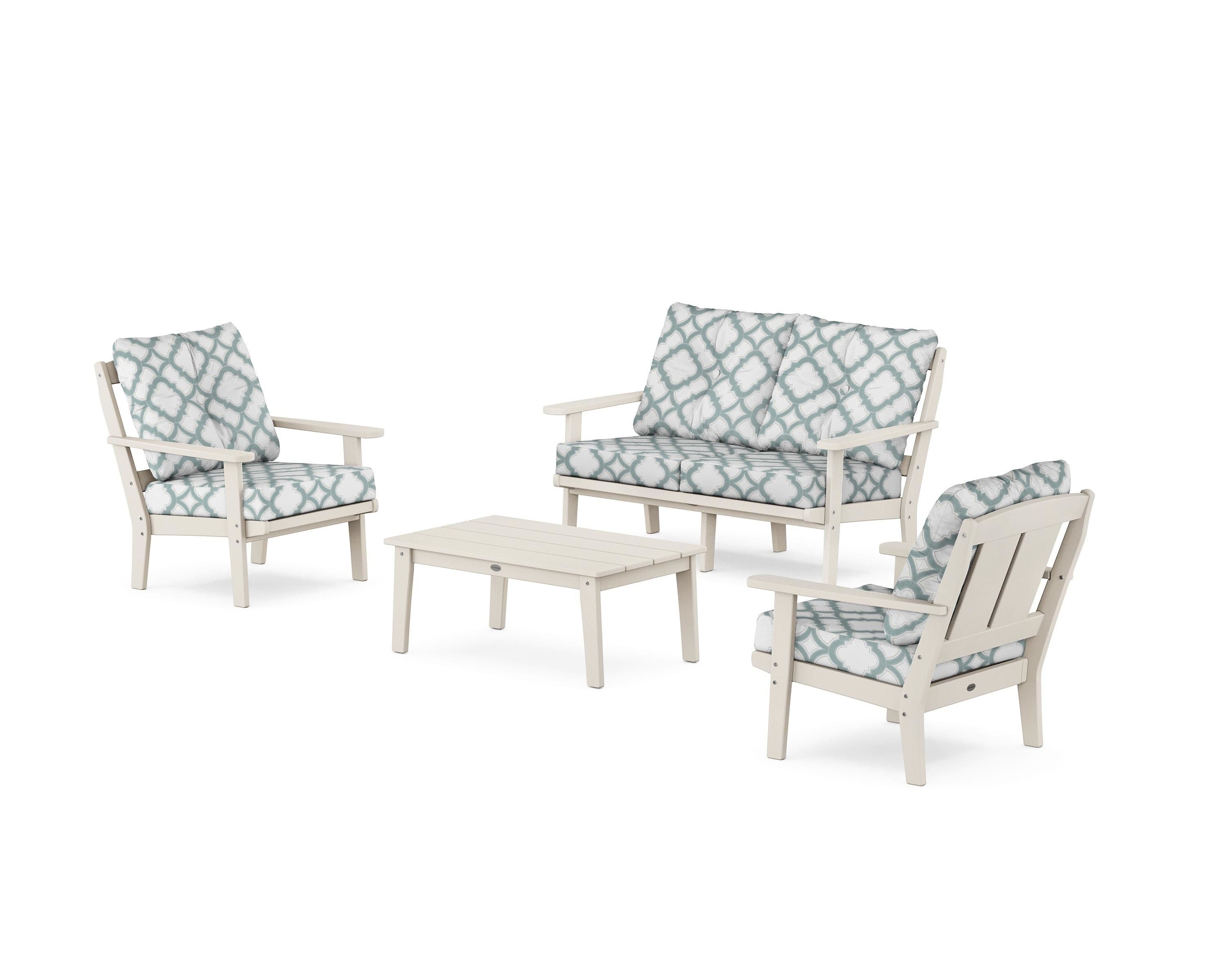 POLYWOOD® Mission 4-Piece Deep Seating Set with Loveseat in Sand / Trellis Glacier Spa
