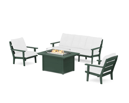 POLYWOOD® Lakeside Deep Seating Fire Pit Table Set in Green / Natural
