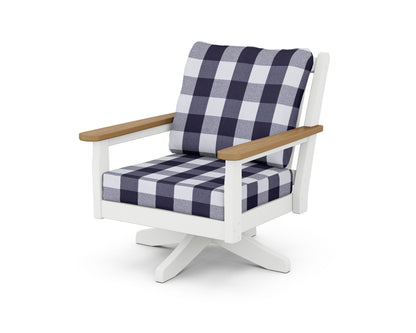 POLYWOOD® Chippendale Deep Seating Swivel Chair in White / Natural / Buffalo Plaid Navy