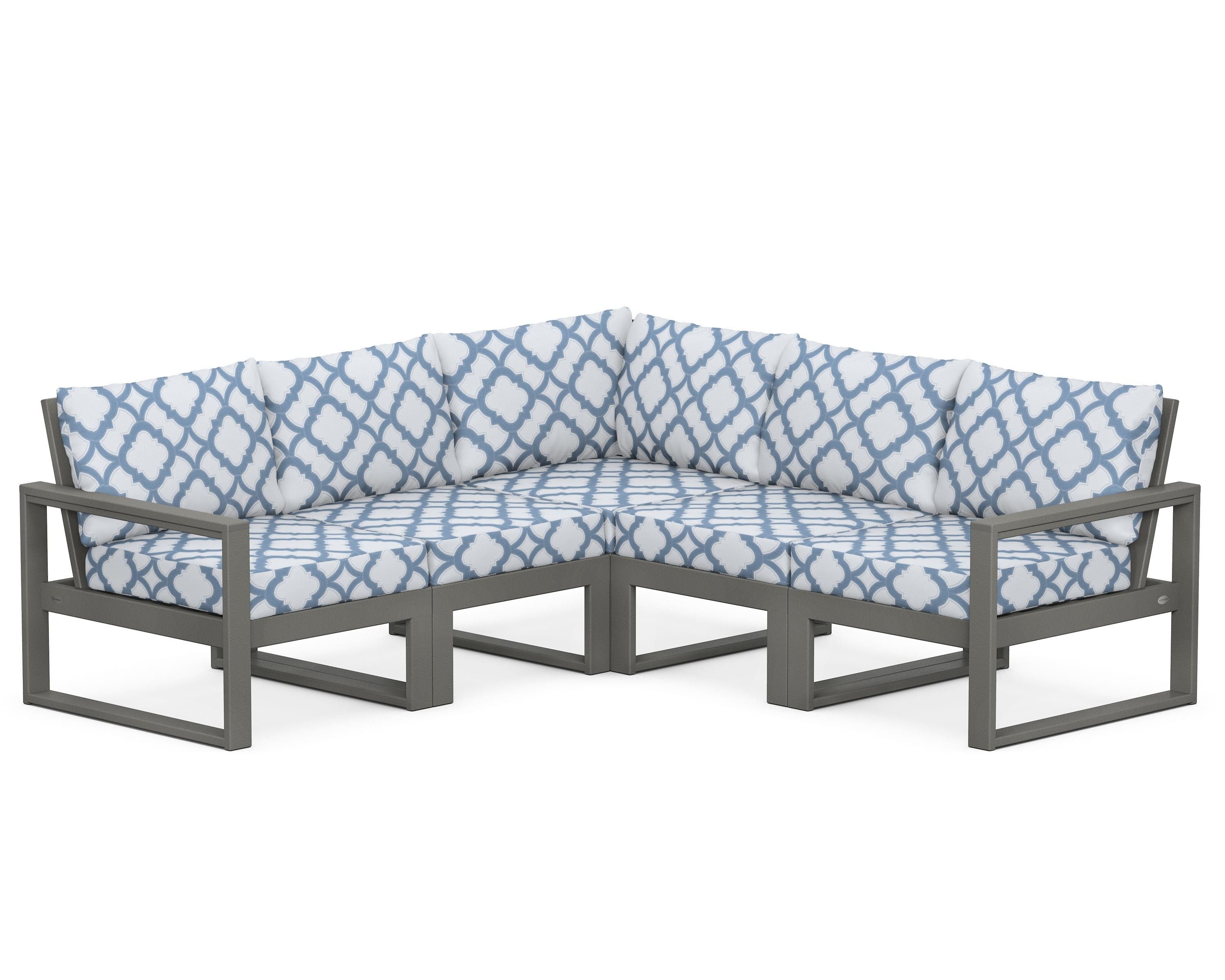 POLYWOOD® EDGE 5-Piece Modular Deep Seating Set in Slate Grey / Trellis Sky Blue