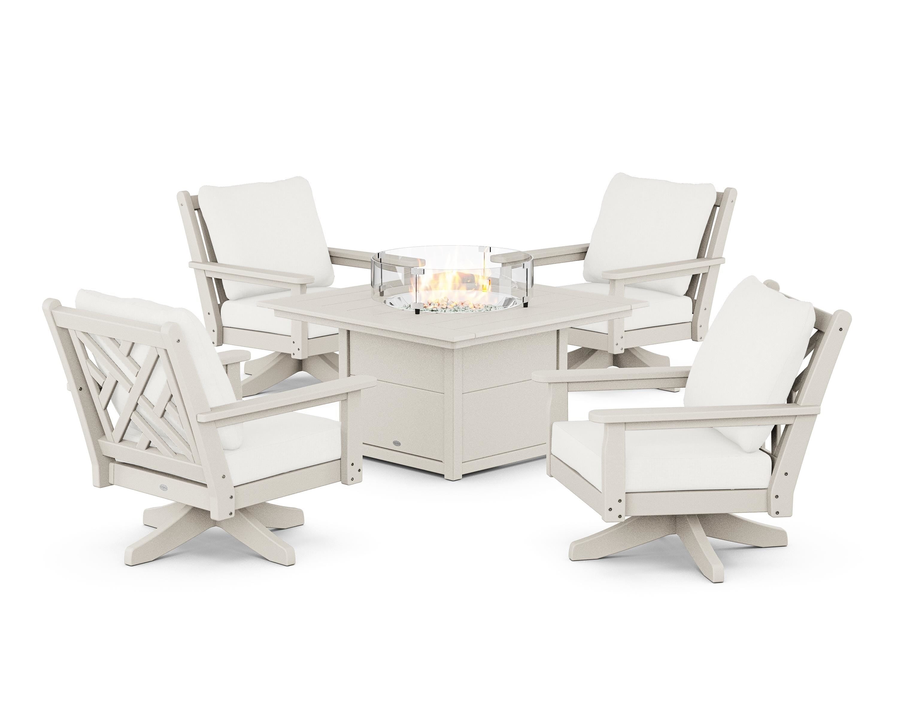 POLYWOOD® Chippendale 5-Piece Deep Seating Swivel Conversation Set with Fire Pit Table in Sand / Natural Linen