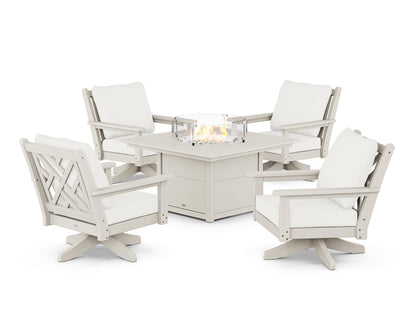 POLYWOOD® Chippendale 5-Piece Deep Seating Swivel Conversation Set with Fire Pit Table in Sand / Natural Linen