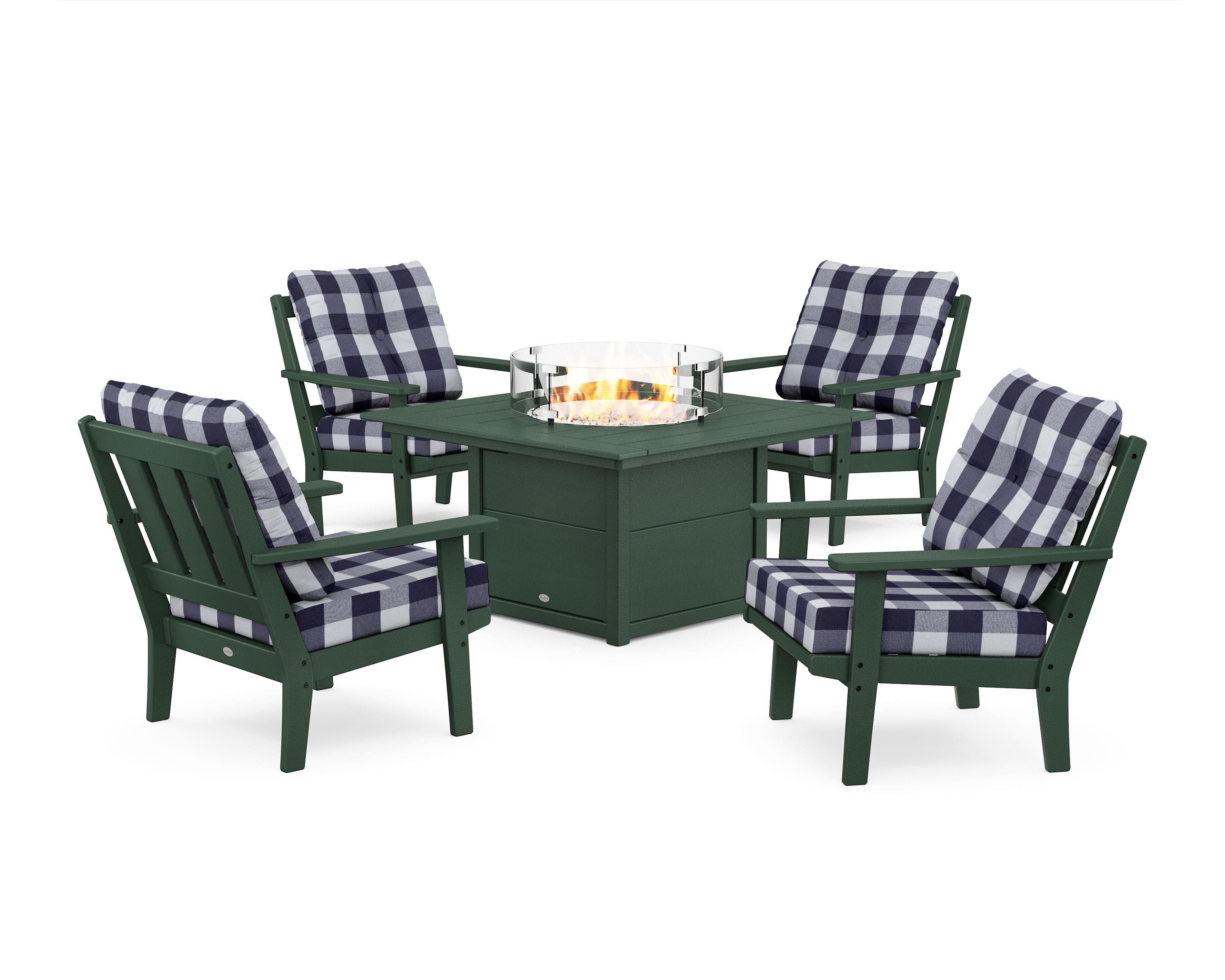 POLYWOOD® Oxford 5-Piece Deep Seating Set with Fire Pit Table in Green / Buffalo Plaid Navy