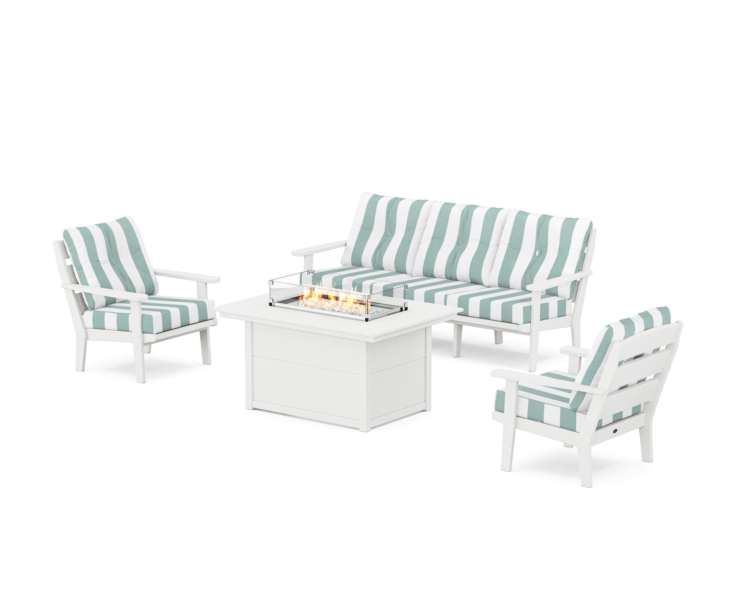 POLYWOOD® Lakeside Deep Seating Fire Pit Table Set in White / Cabana Stripe Glacier Spa