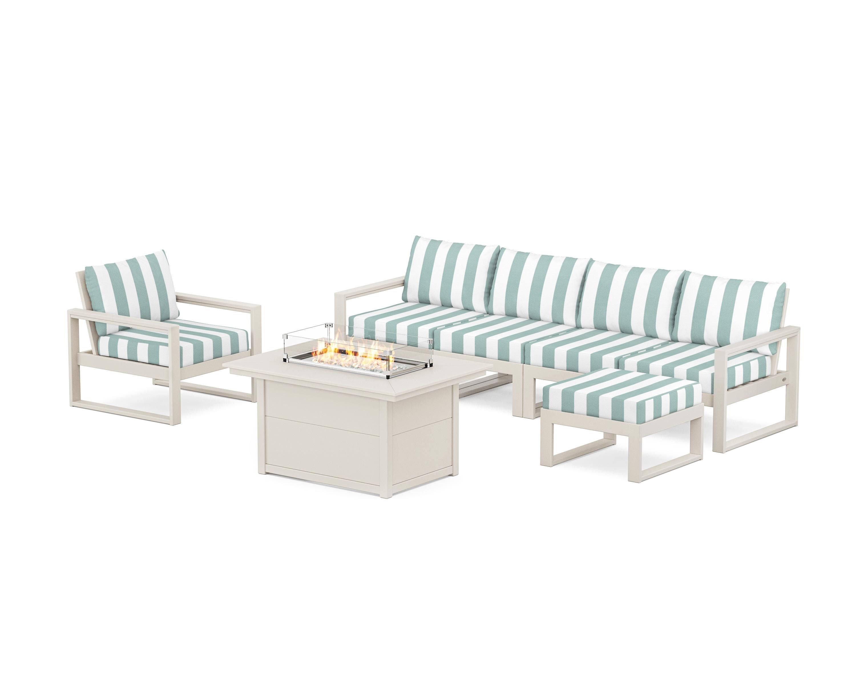POLYWOOD® EDGE Sectional Lounge and Fire Pit Set in Sand / Cabana Stripe Glacier Spa