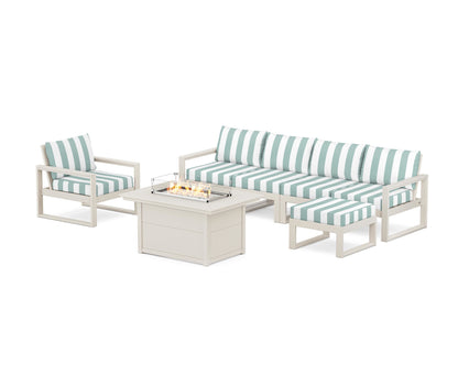 POLYWOOD® EDGE Sectional Lounge and Fire Pit Set in Sand / Cabana Stripe Glacier Spa