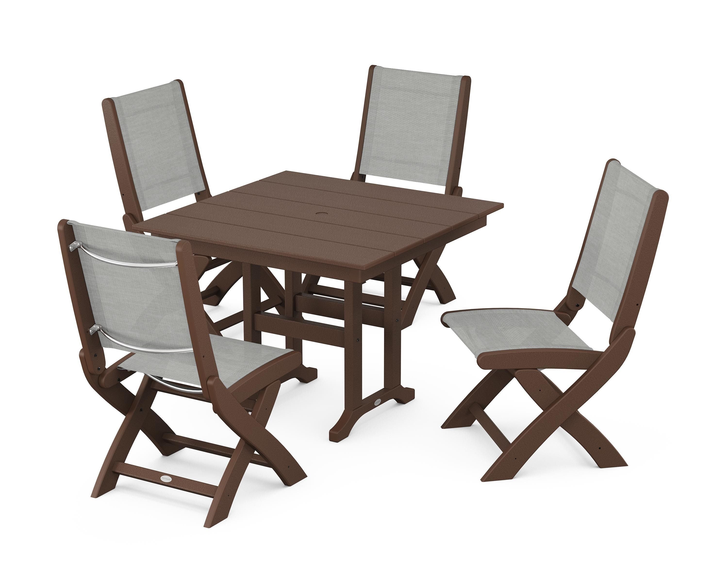 POLYWOOD® Coastal Folding Side Chair 5-Piece Farmhouse Dining Set in Mahogany / Metallic Sling