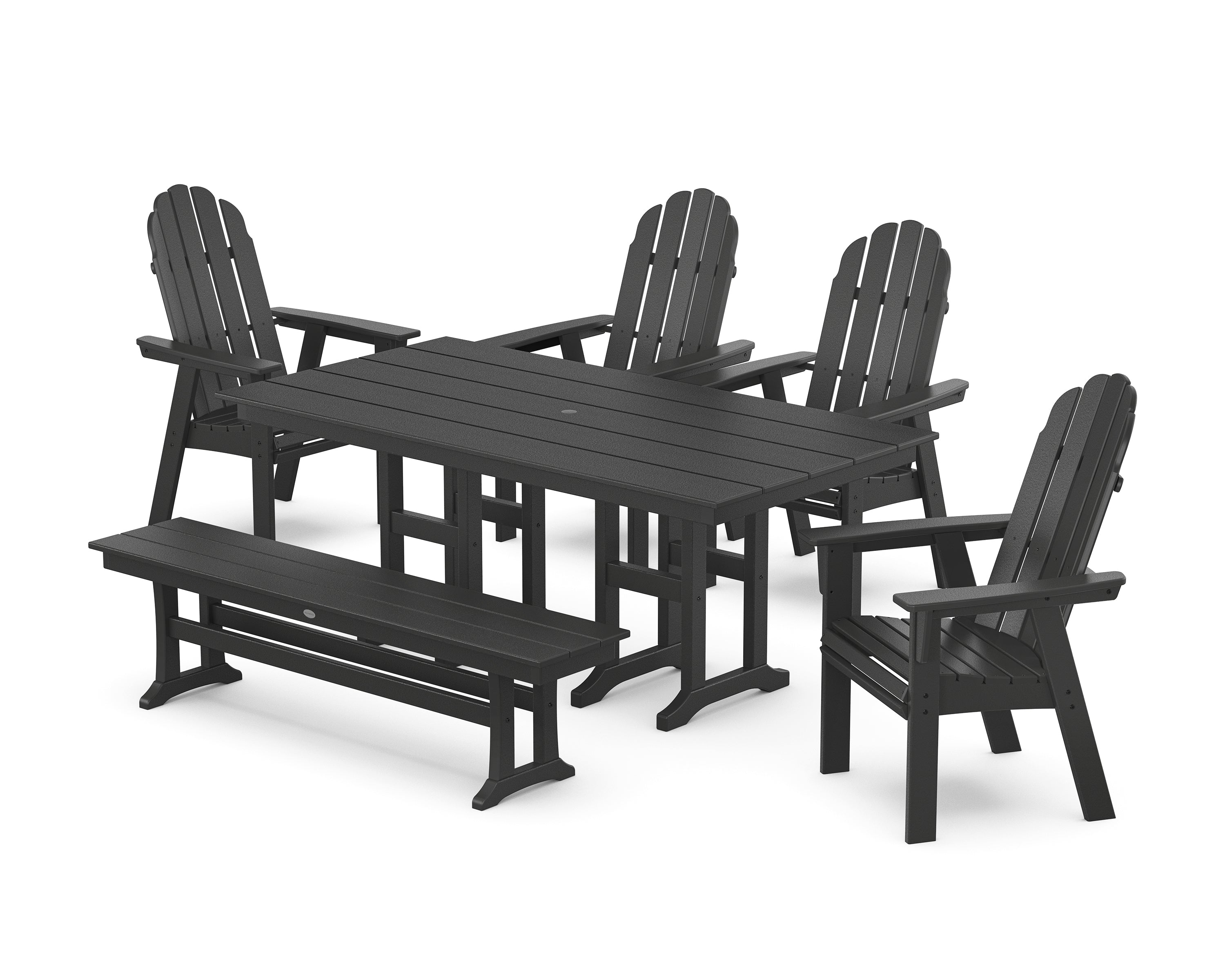 POLYWOOD® Vineyard Curveback Adirondack Chair 6-Piece Farmhouse Dining Set with Bench in Black