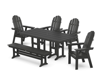 POLYWOOD® Vineyard Curveback Adirondack Chair 6-Piece Farmhouse Dining Set with Bench in Black