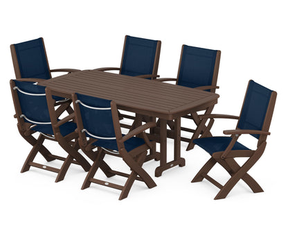 POLYWOOD® Coastal Folding Arm Chair 7-Piece Dining Set in Mahogany / Navy Blue Sling