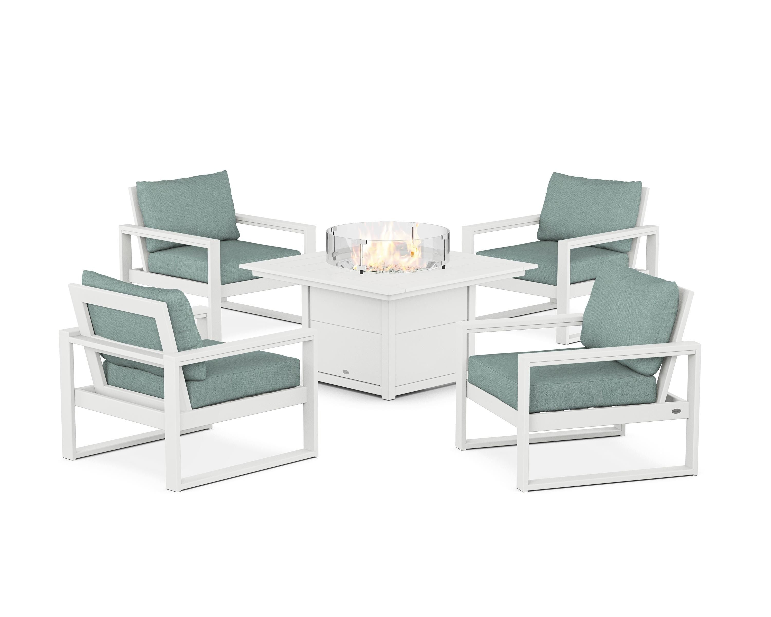 POLYWOOD® EDGE Sectional 5-Piece Deep Seating Set with Fire Pit Table in White / Glacier Spa