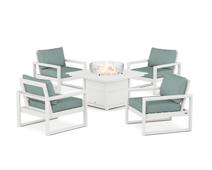 POLYWOOD® EDGE Sectional 5-Piece Deep Seating Set with Fire Pit Table in White / Glacier Spa