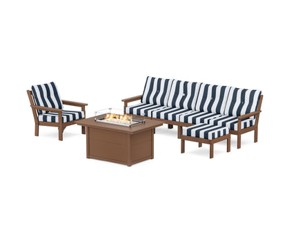 POLYWOOD® Vineyard Sectional Lounge and Fire Pit Set in Teak / Cabana Stripe Marine Indigo