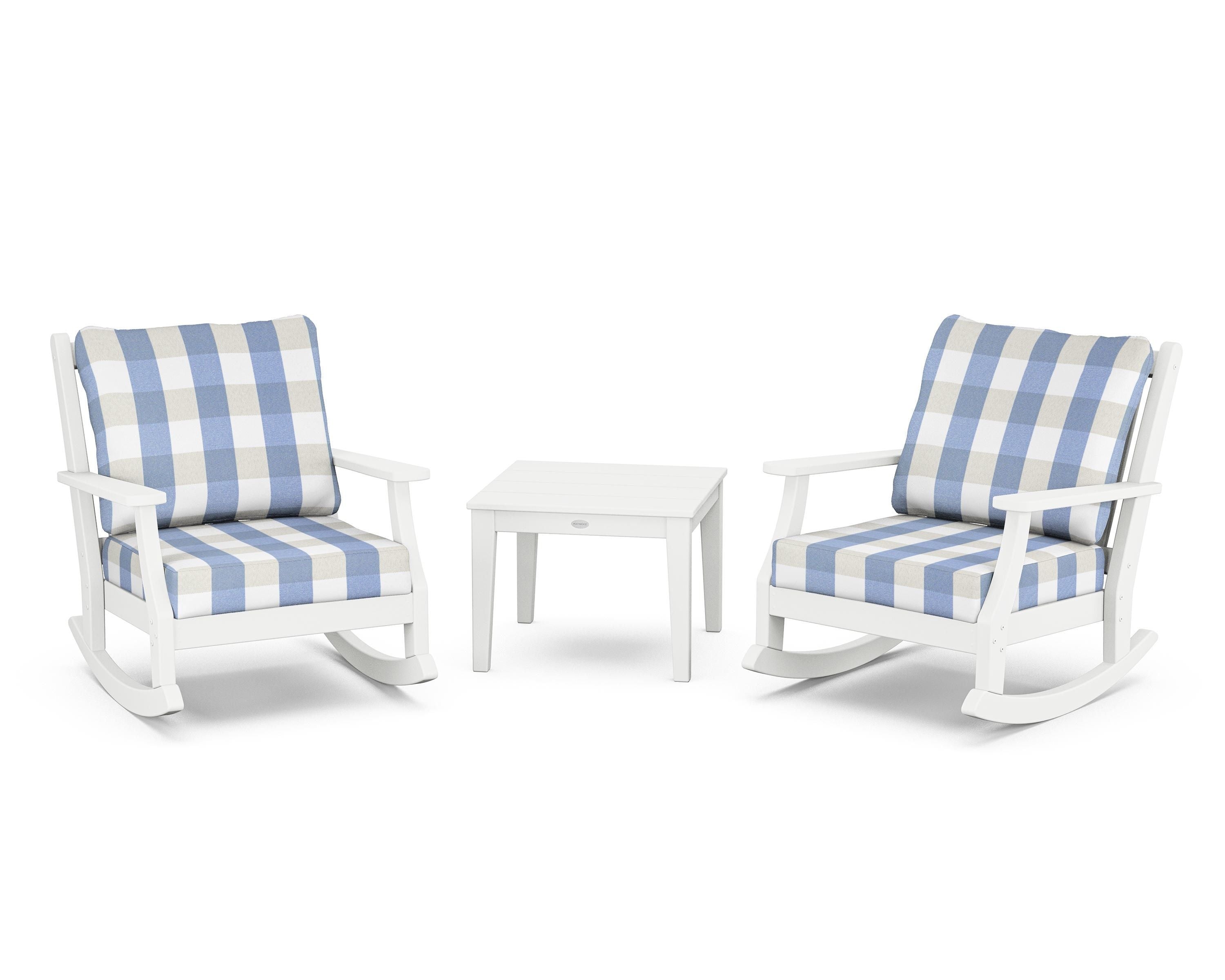 Country Living Wovendale 3-Piece Deep Seating Rocker Set in White / Buffalo Plaid Sky Blue