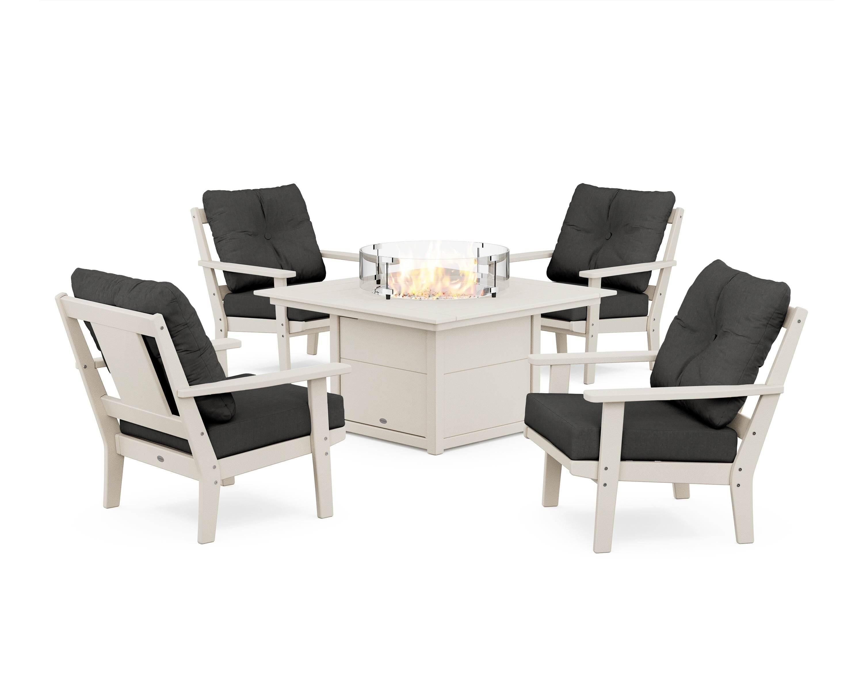 POLYWOOD® Prairie 5-Piece Deep Seating Set with Fire Pit Table in Sand / Spectrum Carbon