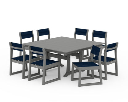 POLYWOOD® EDGE Sling Side Chair 9-Piece Farmhouse Trestle Dining Set in Slate Grey / Navy Blue Sling