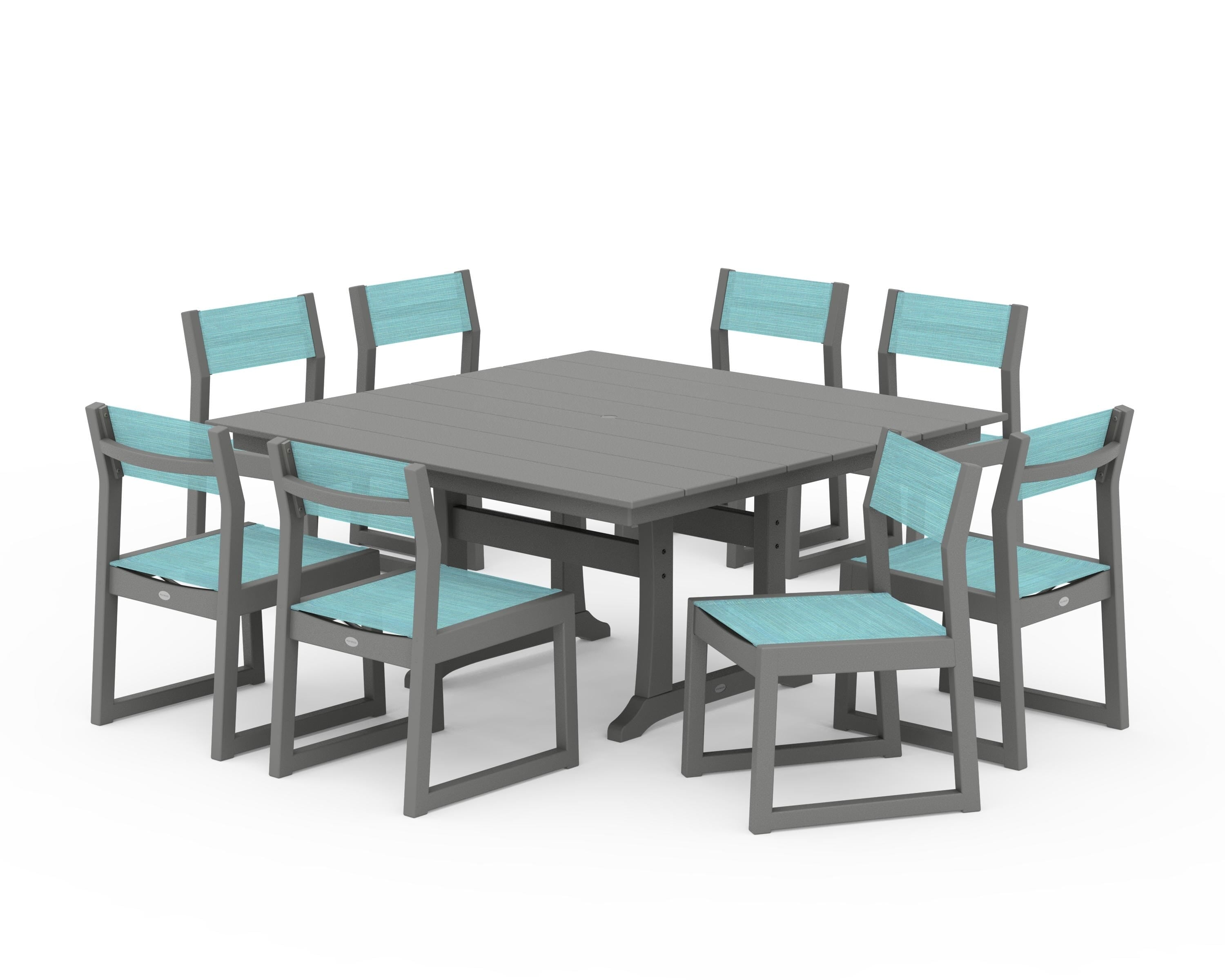 POLYWOOD® EDGE Sling Side Chair 9-Piece Farmhouse Trestle Dining Set in Slate Grey / Dupioni Aquamarine Sling