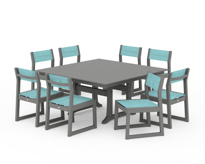 POLYWOOD® EDGE Sling Side Chair 9-Piece Farmhouse Trestle Dining Set in Slate Grey / Dupioni Aquamarine Sling