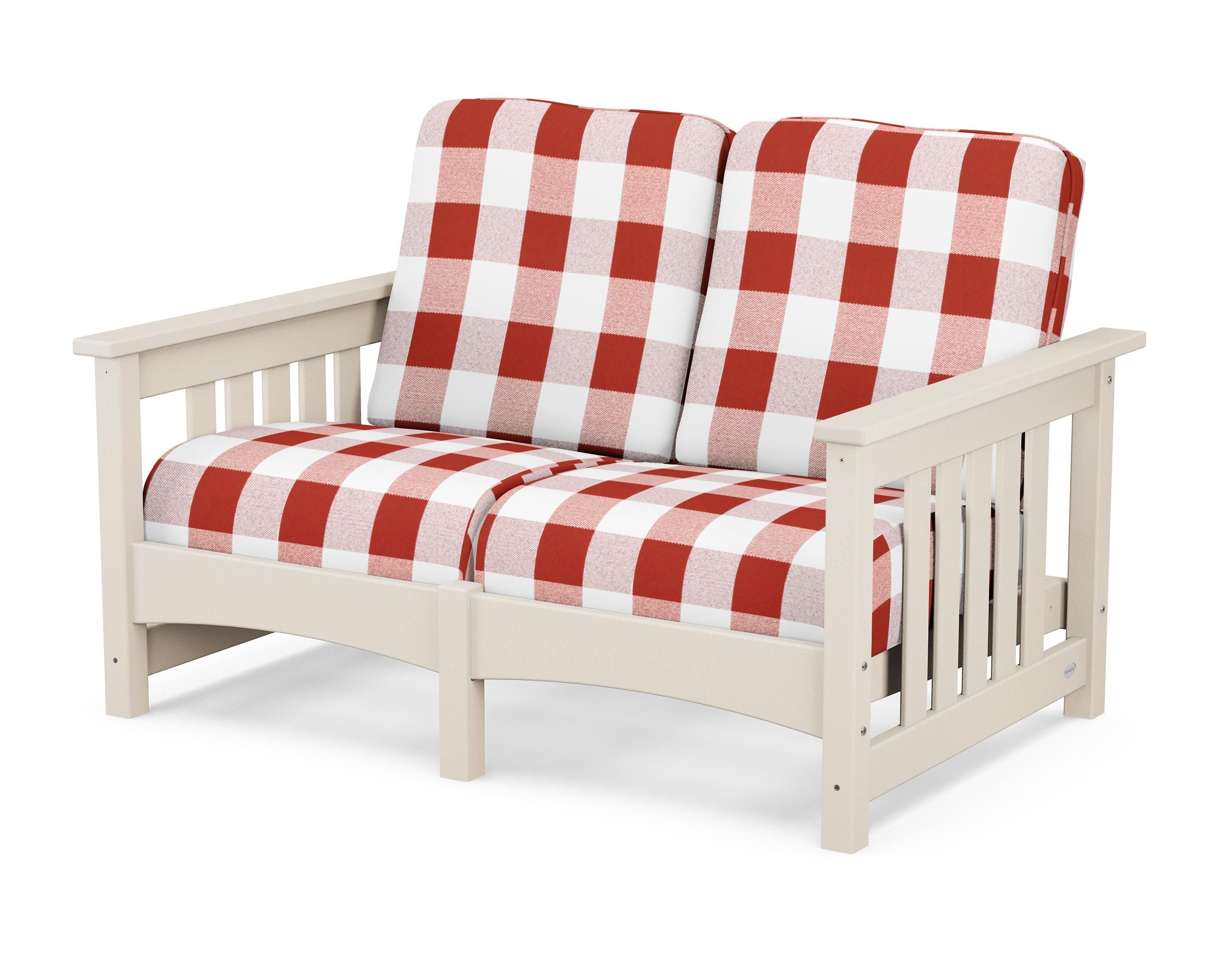 POLYWOOD® Club Mission Loveseat in Sand / Buffalo Plaid Crimson
