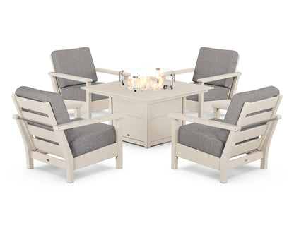 POLYWOOD® Harbour 5-Piece Conversation Set with Fire Pit Table in Sand / Grey Mist