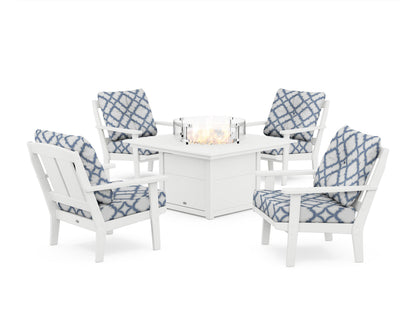 POLYWOOD® Mission 5-Piece Deep Seating Set with Fire Pit Table in White / Trellis Sky Blue