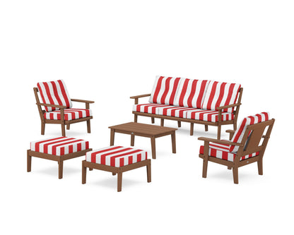 POLYWOOD® Prairie 6-Piece Lounge Sofa Set in Teak / Cabana Stripe Crimson