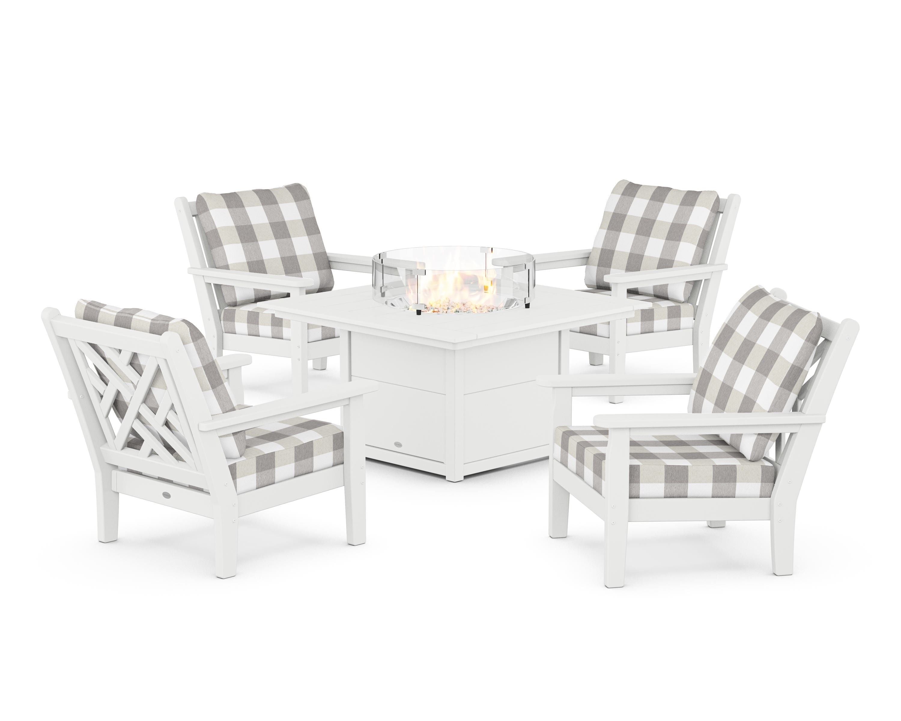 POLYWOOD® Chippendale 5-Piece Deep Seating Set with Fire Pit Table in White / Buffalo Plaid Grey Mist