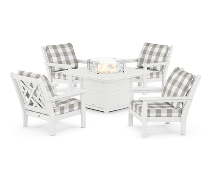 POLYWOOD® Chippendale 5-Piece Deep Seating Set with Fire Pit Table in White / Buffalo Plaid Grey Mist