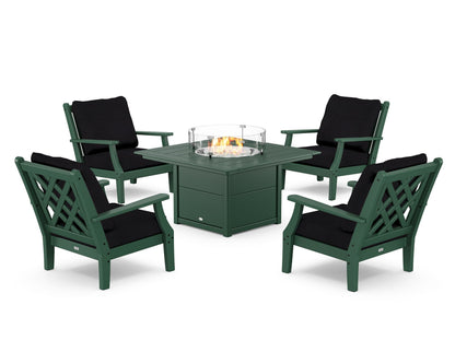 Country Living Wovendale 5-Piece Deep Seating Set with Fire Pit Table in Green / Midnight Linen