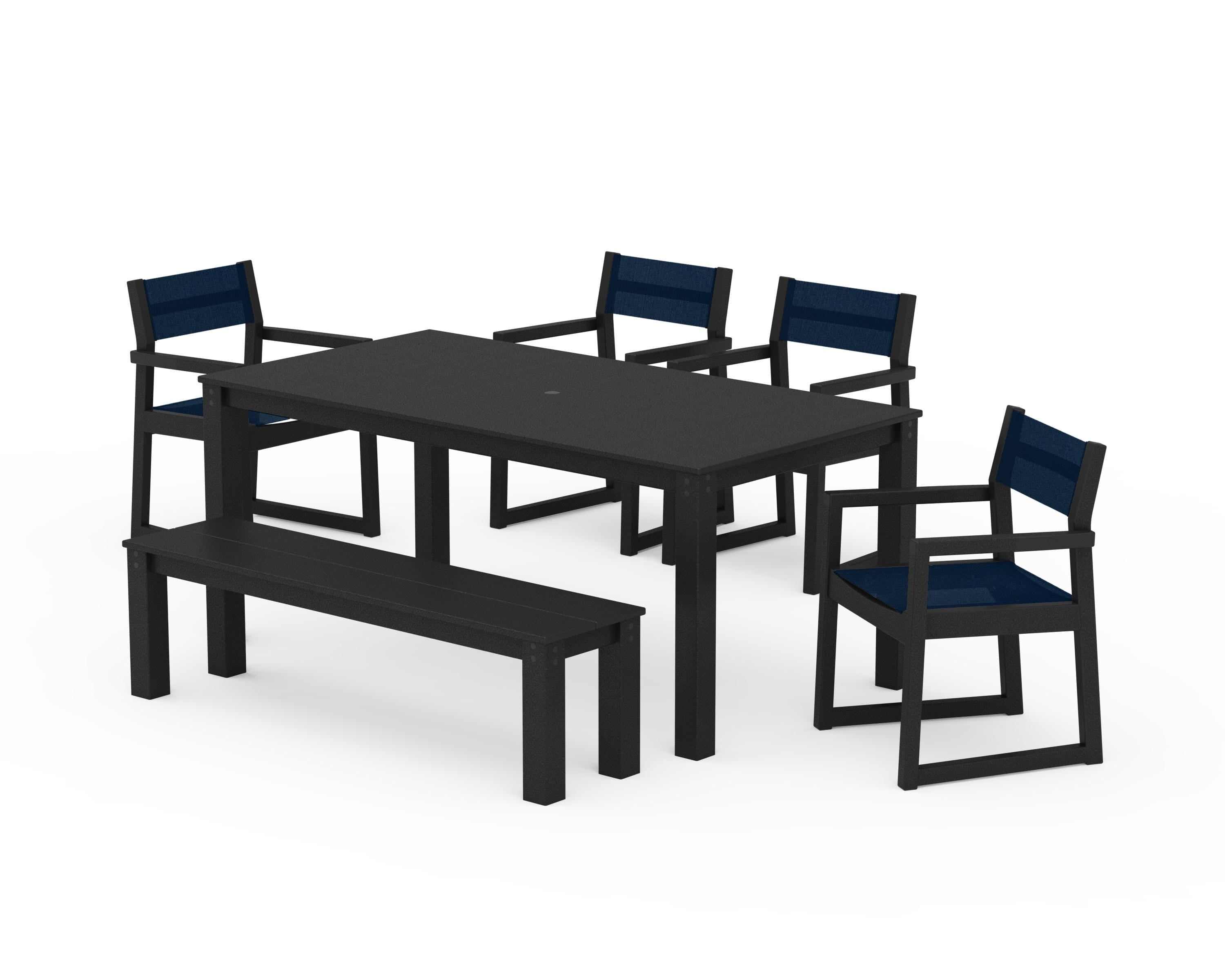 POLYWOOD® EDGE Sling Arm Chair 6-Piece Parsons Dining Set with Bench in Black / Navy Blue Sling