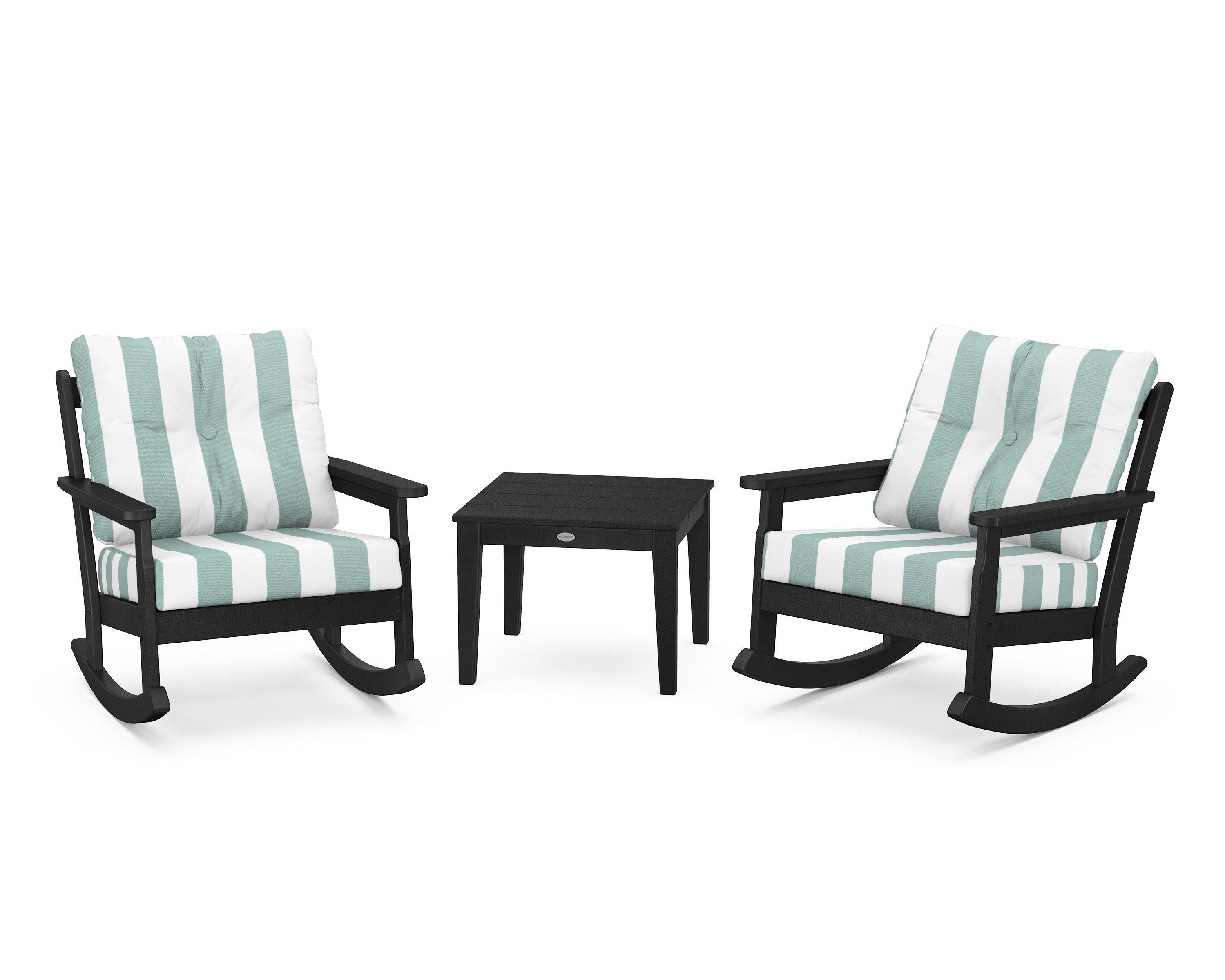 POLYWOOD® Vineyard 3-Piece Deep Seating Rocker Set in Black / Cabana Stripe Glacier Spa