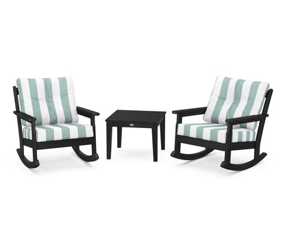 POLYWOOD® Vineyard 3-Piece Deep Seating Rocker Set in Black / Cabana Stripe Glacier Spa