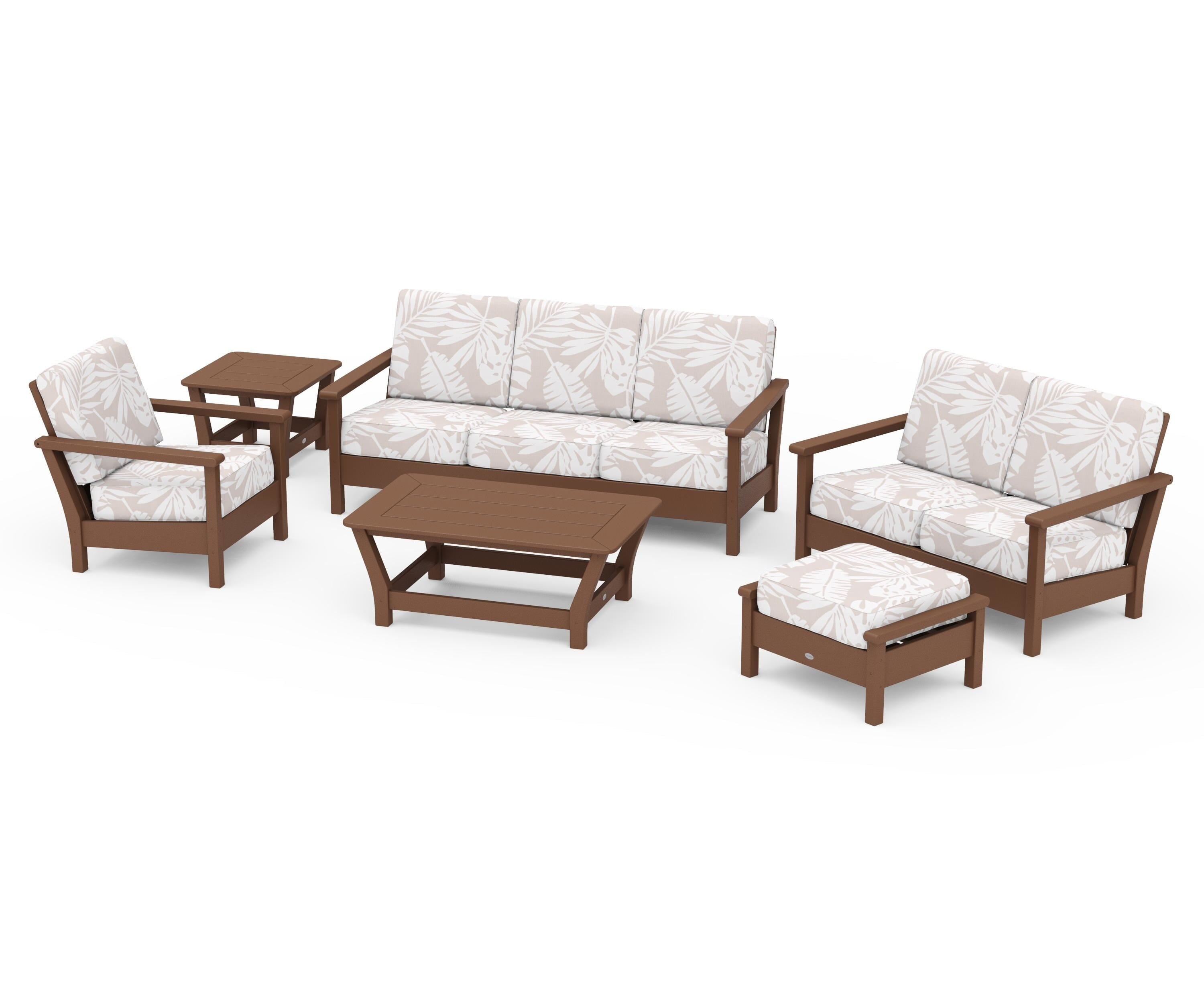 POLYWOOD® Harbour 6-Piece Outdoor Living Set in Teak / Leaf Dune Burlap