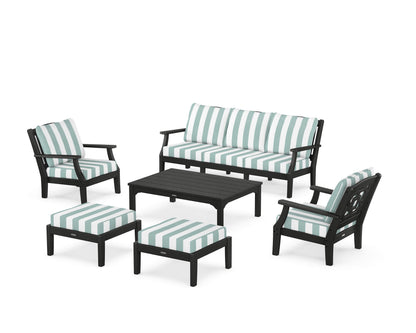 Martha Stewart by POLYWOOD® Chinoiserie 6-Piece Lounge Sofa Set in Black / Cabana Stripe Glacier Spa