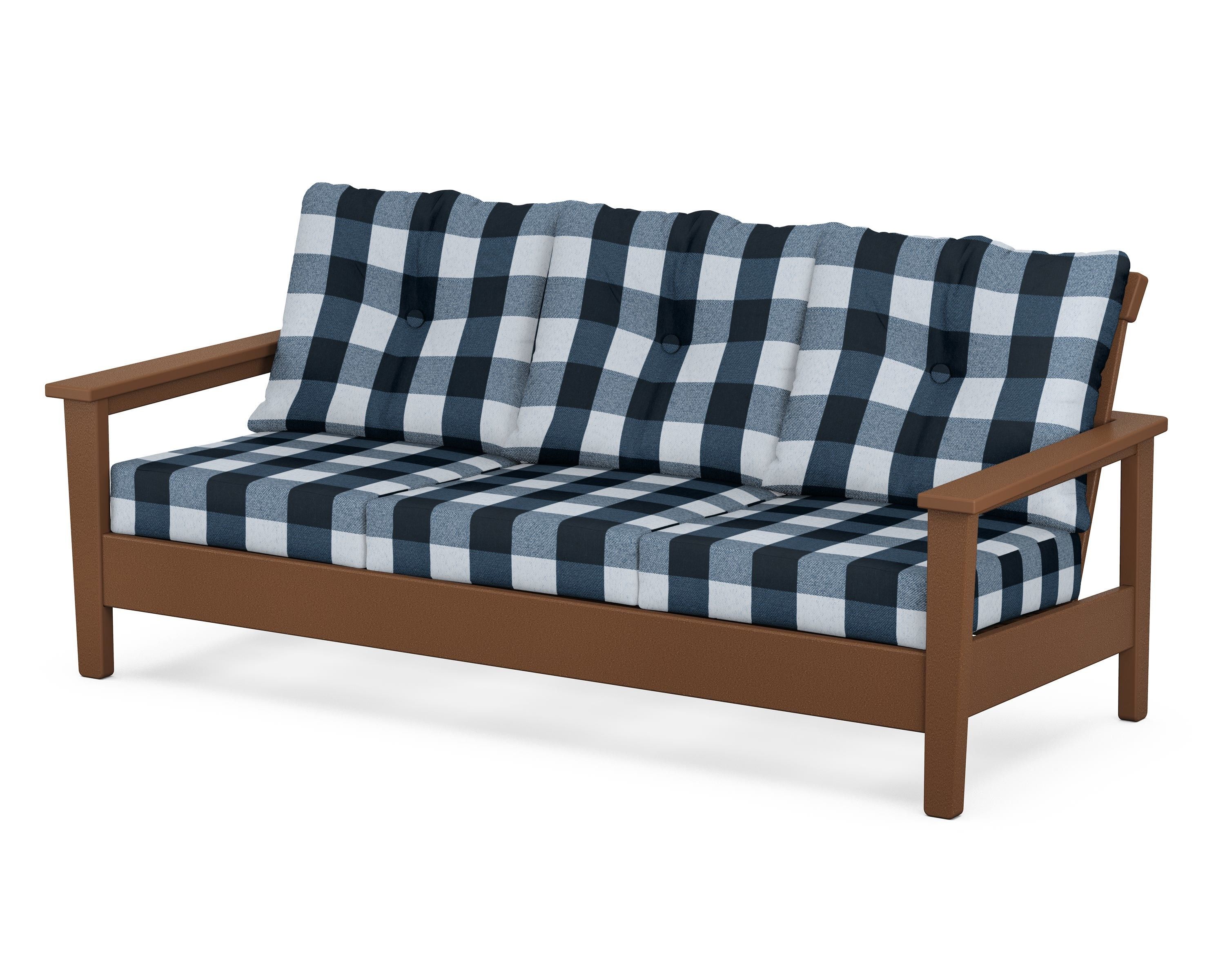 POLYWOOD® Prescott Deep Seating Sofa in Teak / Buffalo Plaid Marine Indigo
