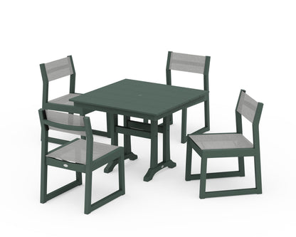 POLYWOOD® EDGE Sling 5-Piece Farmhouse Trestle Side Chair Dining Set in Green / Metallic Sling