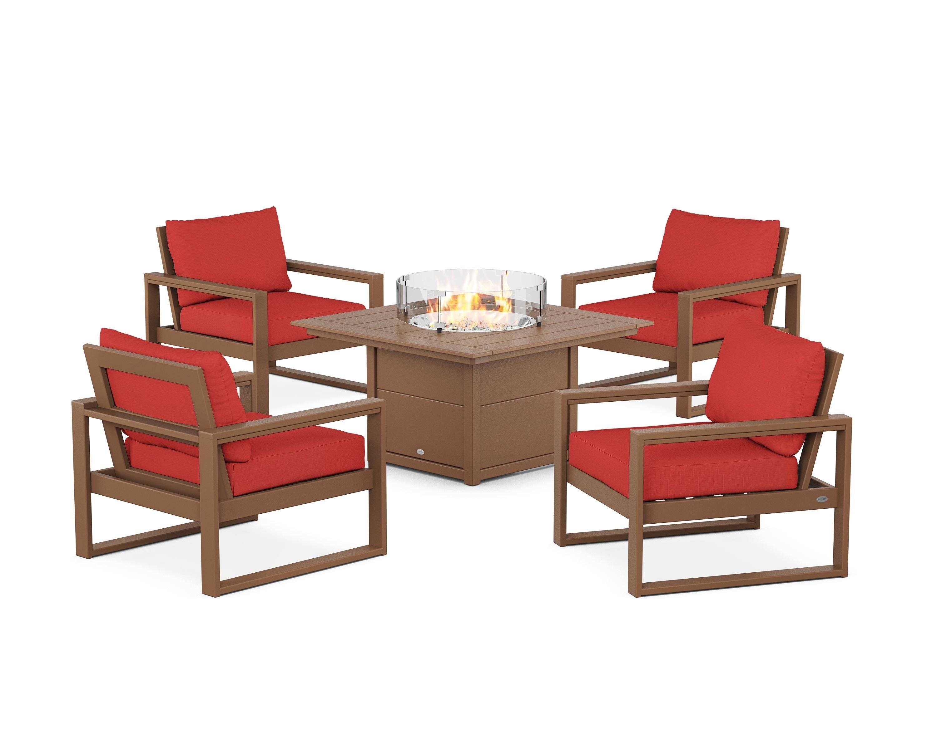 POLYWOOD® EDGE Sectional 5-Piece Deep Seating Set with Fire Pit Table in Teak / Crimson Linen