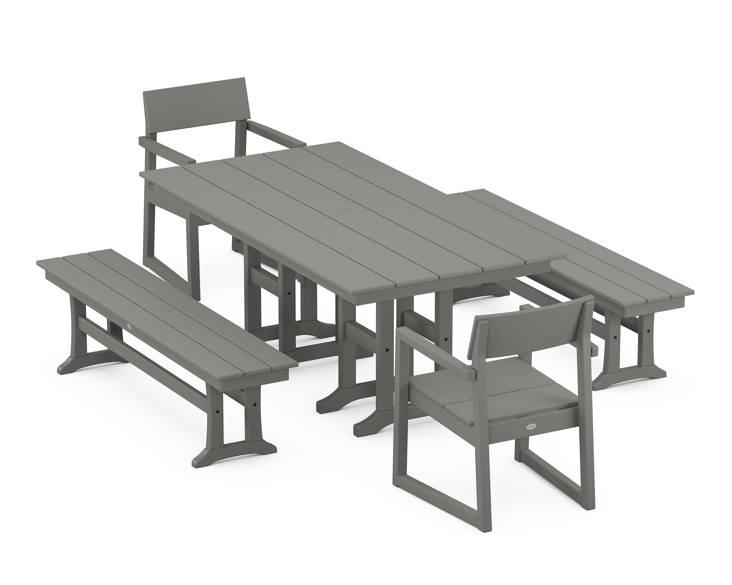 POLYWOOD® EDGE 5-Piece Farmhouse Dining Set with Benches in Slate Grey
