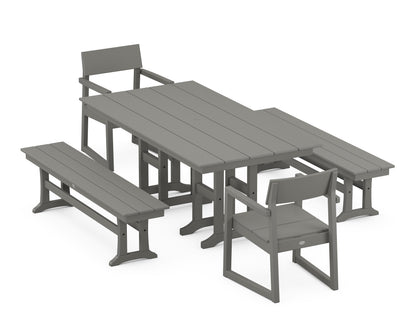 POLYWOOD® EDGE 5-Piece Farmhouse Dining Set with Benches in Slate Grey