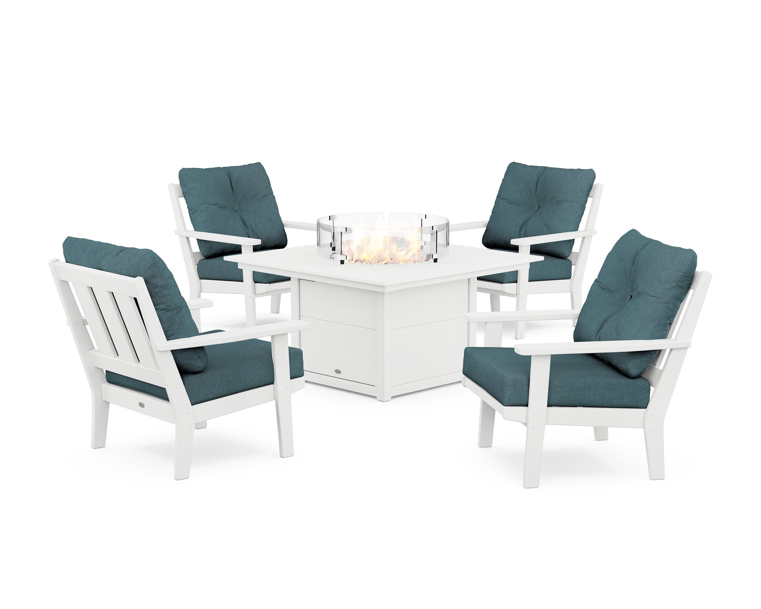 POLYWOOD® Oxford 5-Piece Deep Seating Set with Fire Pit Table in White / Ocean Teal