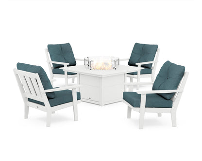 POLYWOOD® Oxford 5-Piece Deep Seating Set with Fire Pit Table in White / Ocean Teal