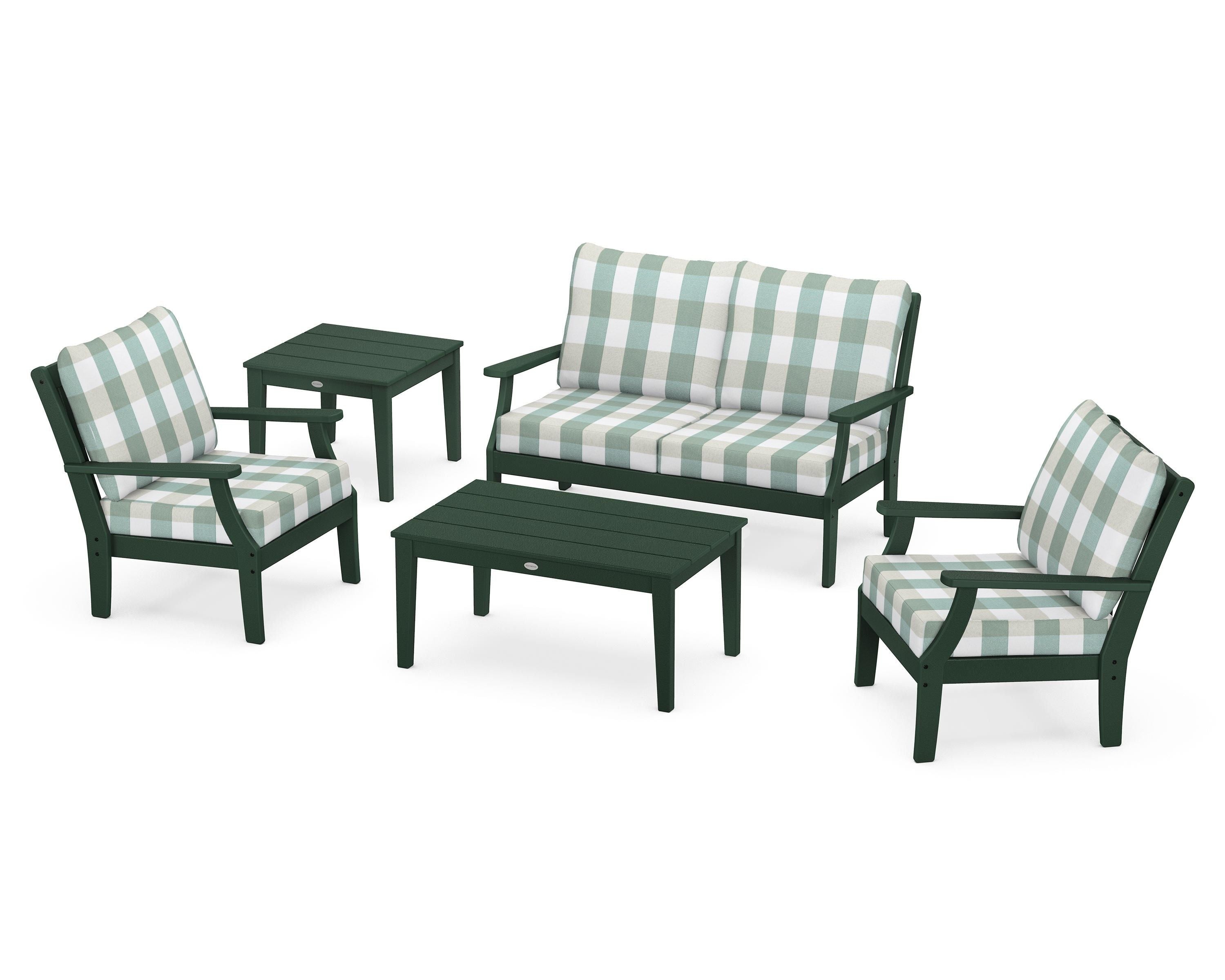 POLYWOOD® Braxton 5-Piece Deep Seating Set in Green / Buffalo Plaid Glacier Spa