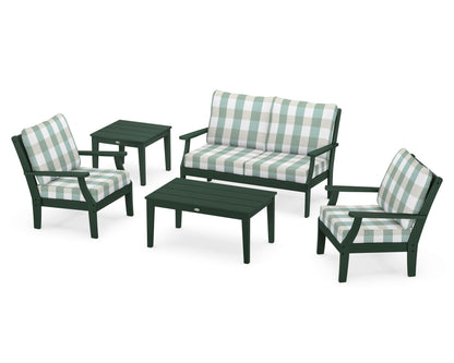 POLYWOOD® Braxton 5-Piece Deep Seating Set in Green / Buffalo Plaid Glacier Spa