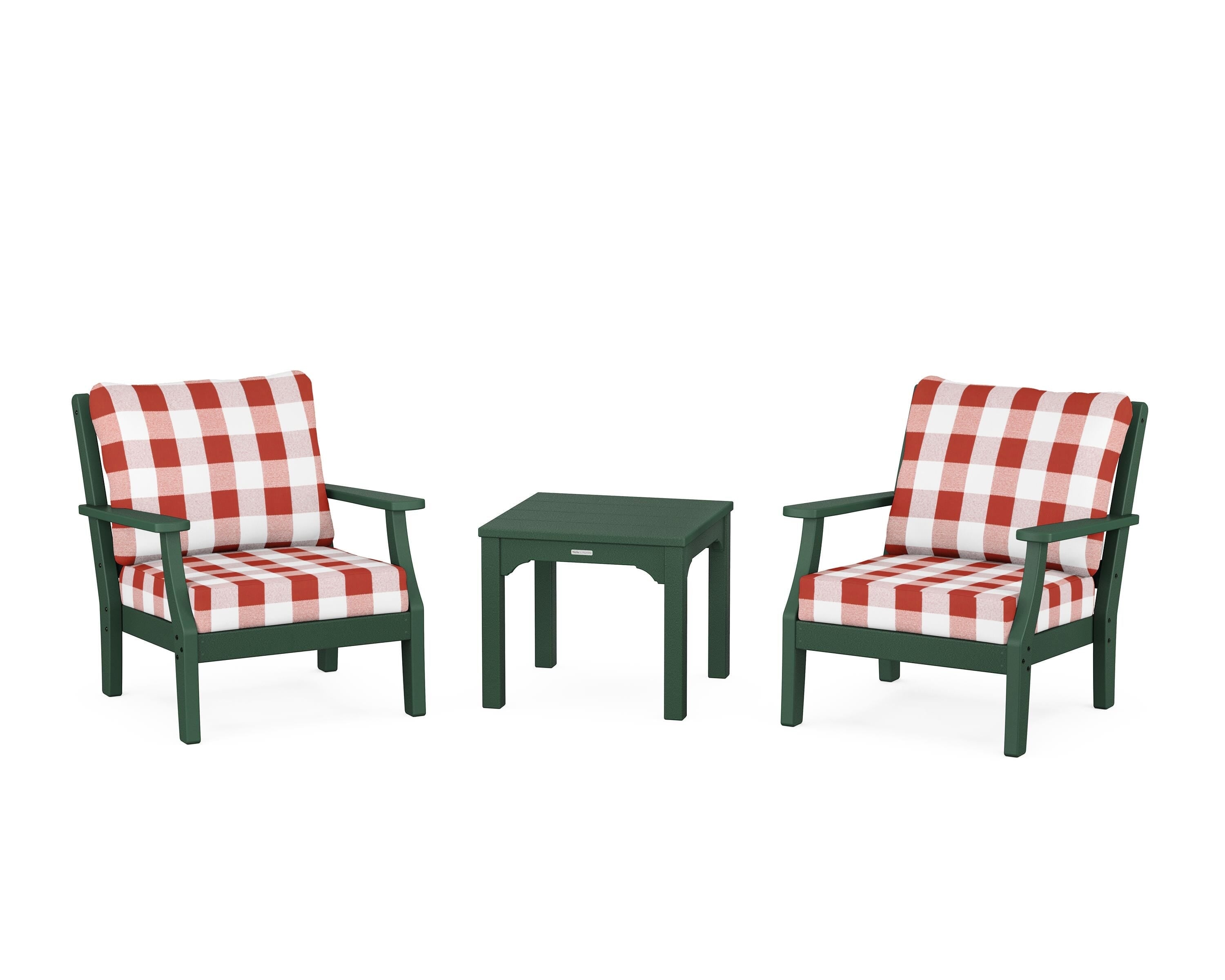 Martha Stewart by POLYWOOD® Chinoiserie 3-Piece Deep Seating Set in Green / Buffalo Plaid Crimson