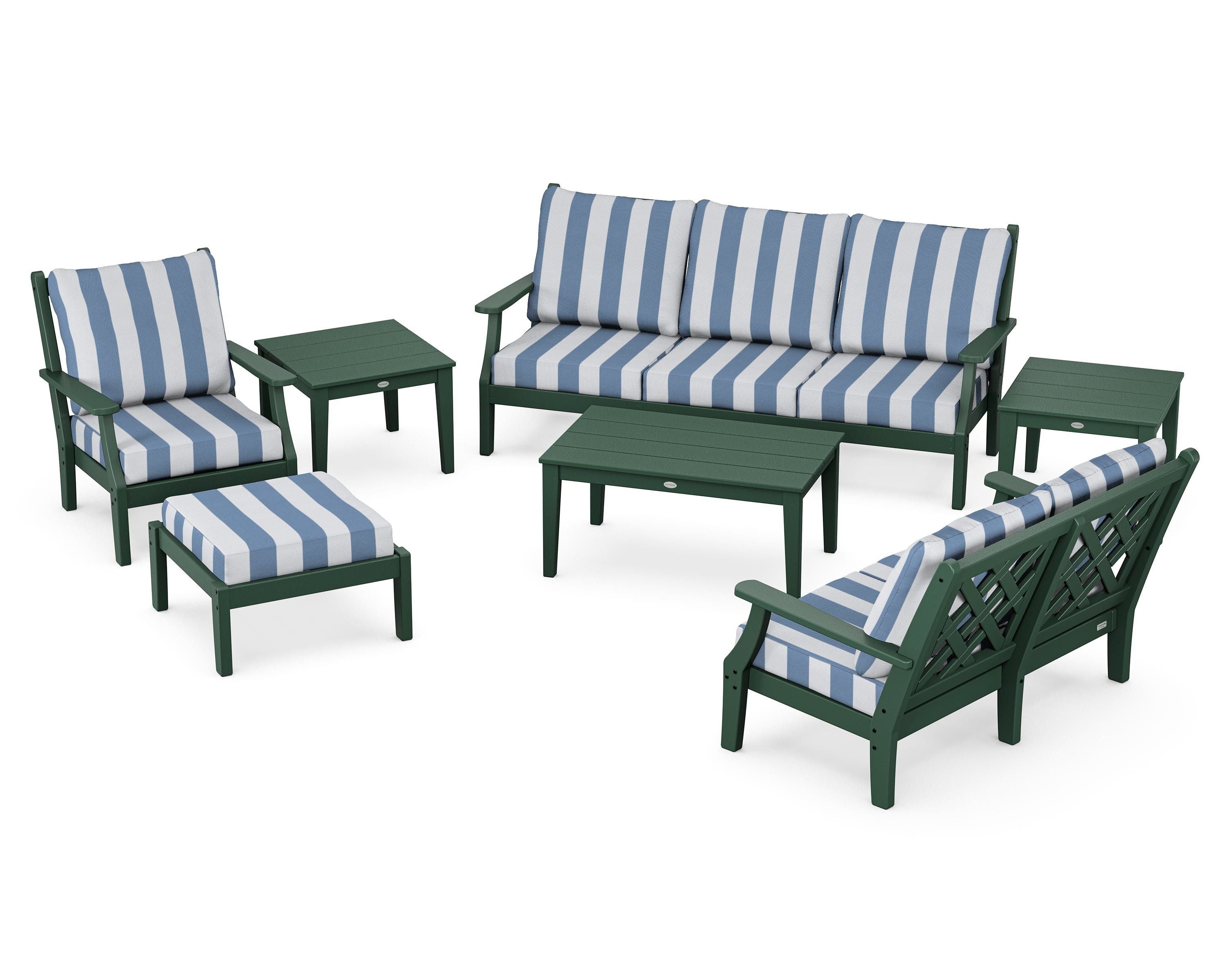 Country Living Wovendale 7-Piece Deep Seating Set in Green / Cabana Stripe Sky Blue