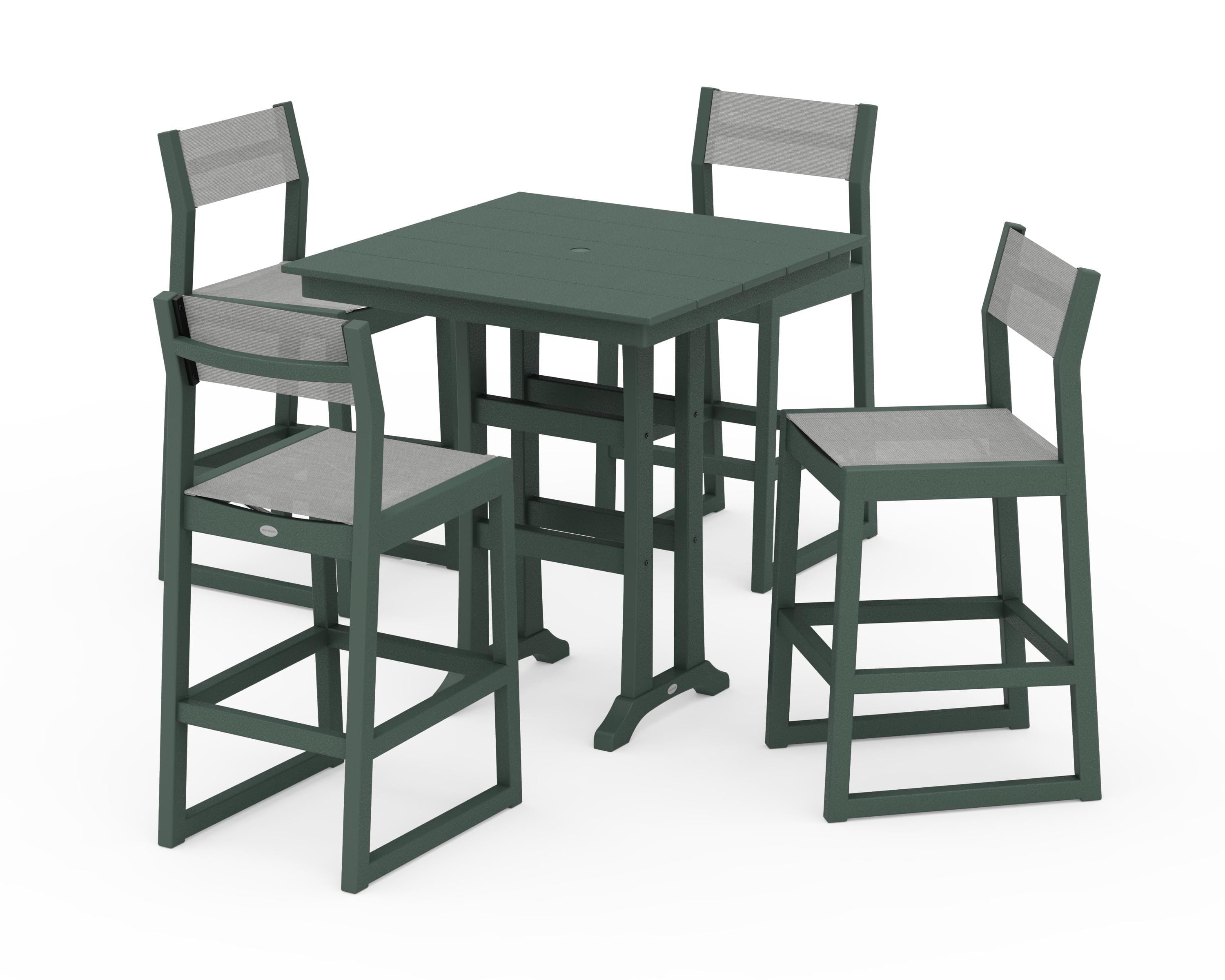 POLYWOOD® EDGE Sling Arm Chair 5-Piece Farmhouse Bar Set with Trestle Legs in Green / Metallic Sling